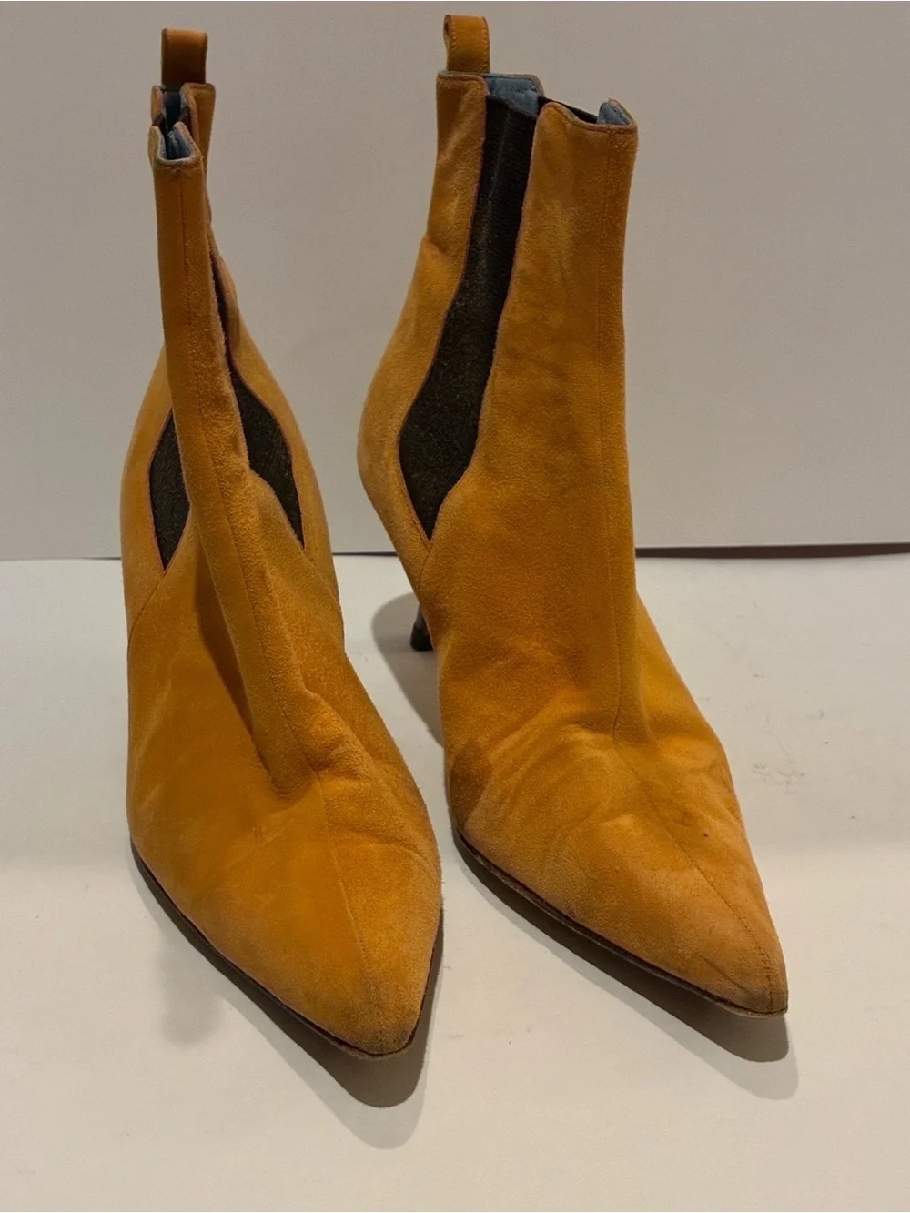 Lambertson Truex  suede pointed toe heeled ankle boots.  Stretch panels. Sz 39